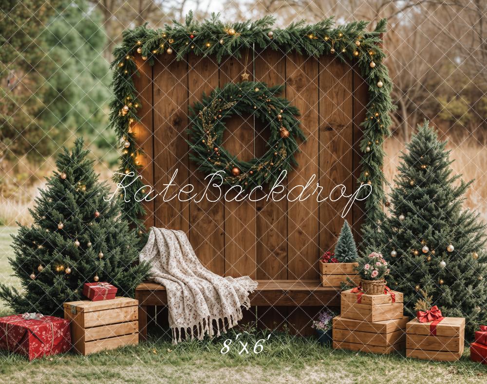 Kate Christmas Tree Garland Wooden Wall Fleece Backdrop Designed by Emetselch