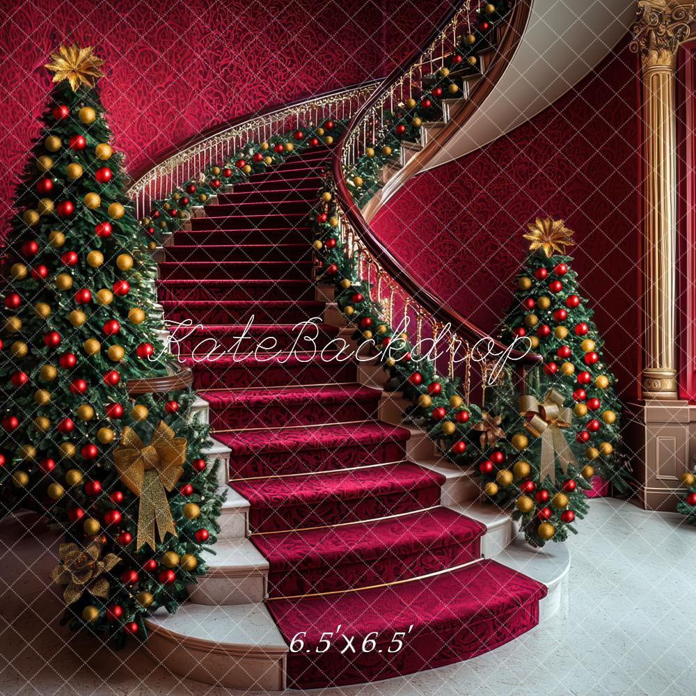 Kate Christmas Cascading Stairs Tree Wreath Red Backdrop Designed by Mini MakeBelieve - Kate Backdrop AU