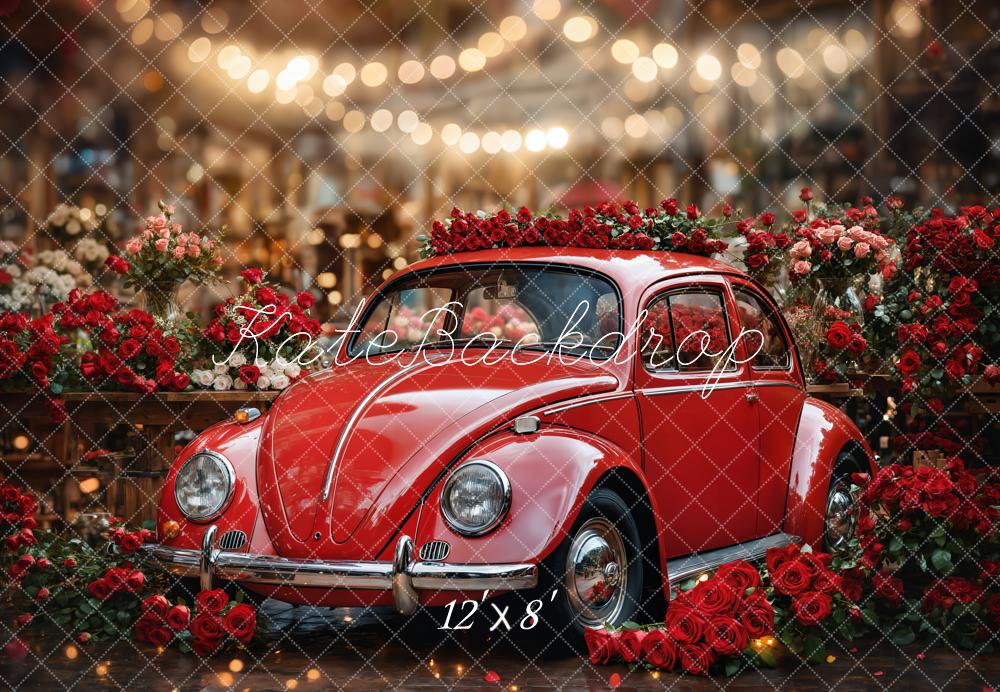Kate Red Vintage Car Roses Bokeh Fleece Backdrop Designed by Emetselch