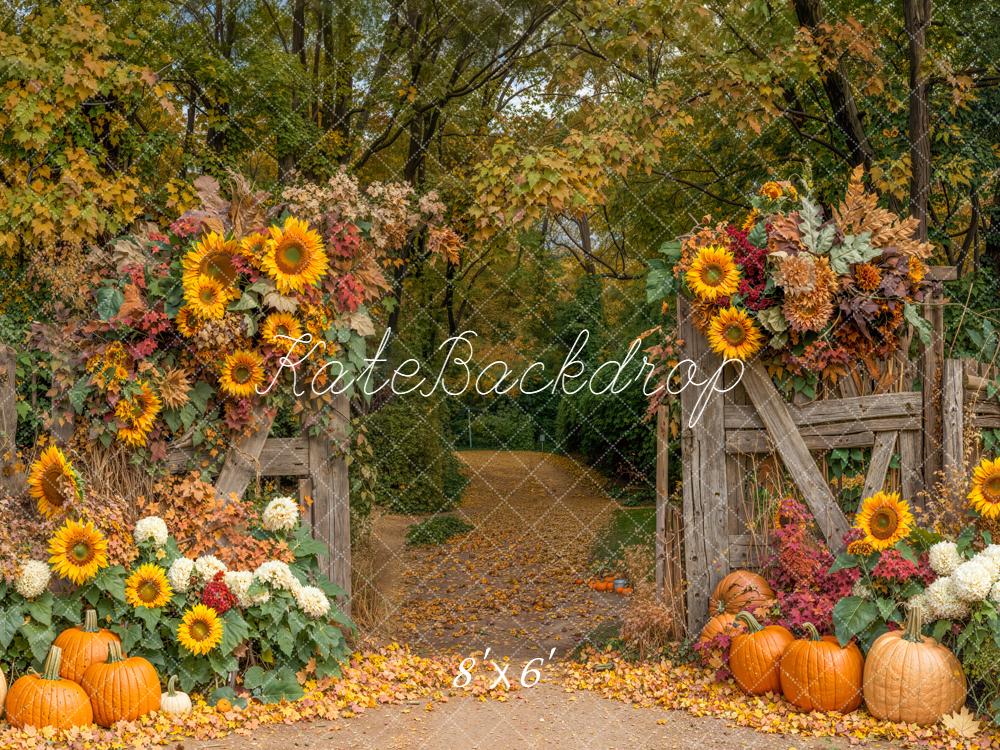 Kate Autumn Sunflowers Pumpkins Rustic Fence Backdrop Designed by Emetselch