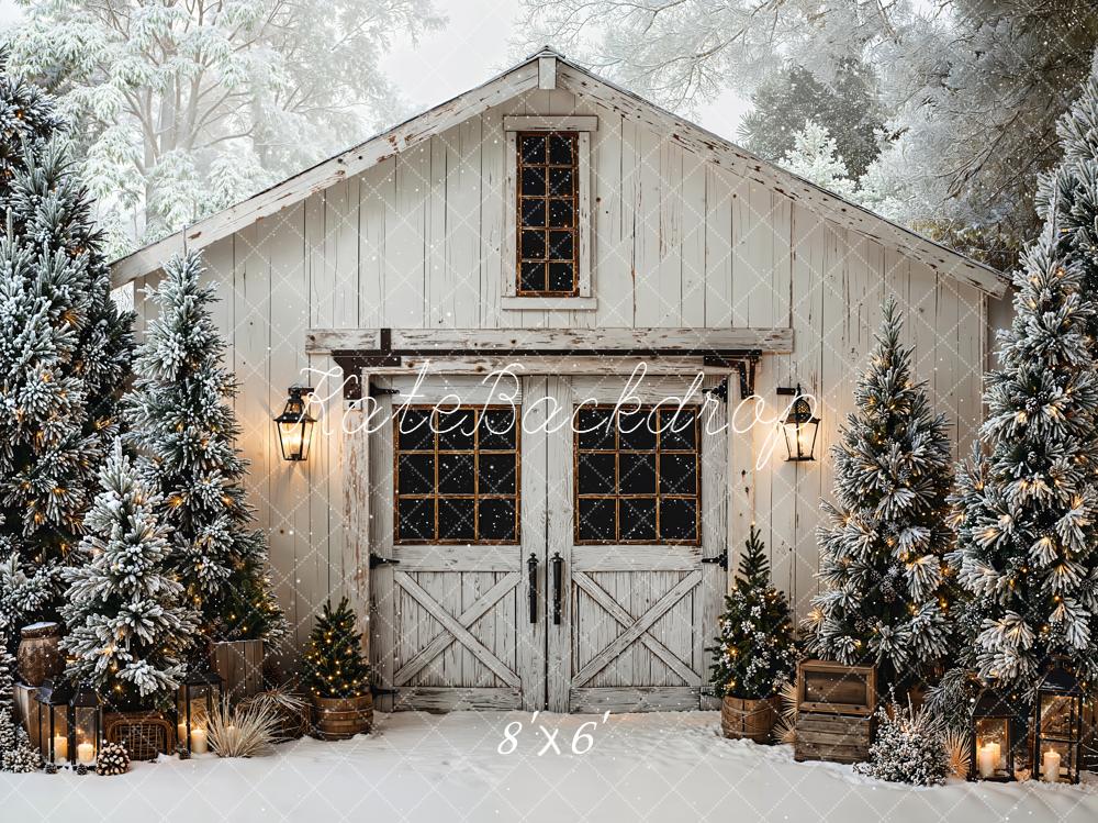 Kate Christmas Snowy Barn Pine Trees Fleece Backdrop Designed by Chain