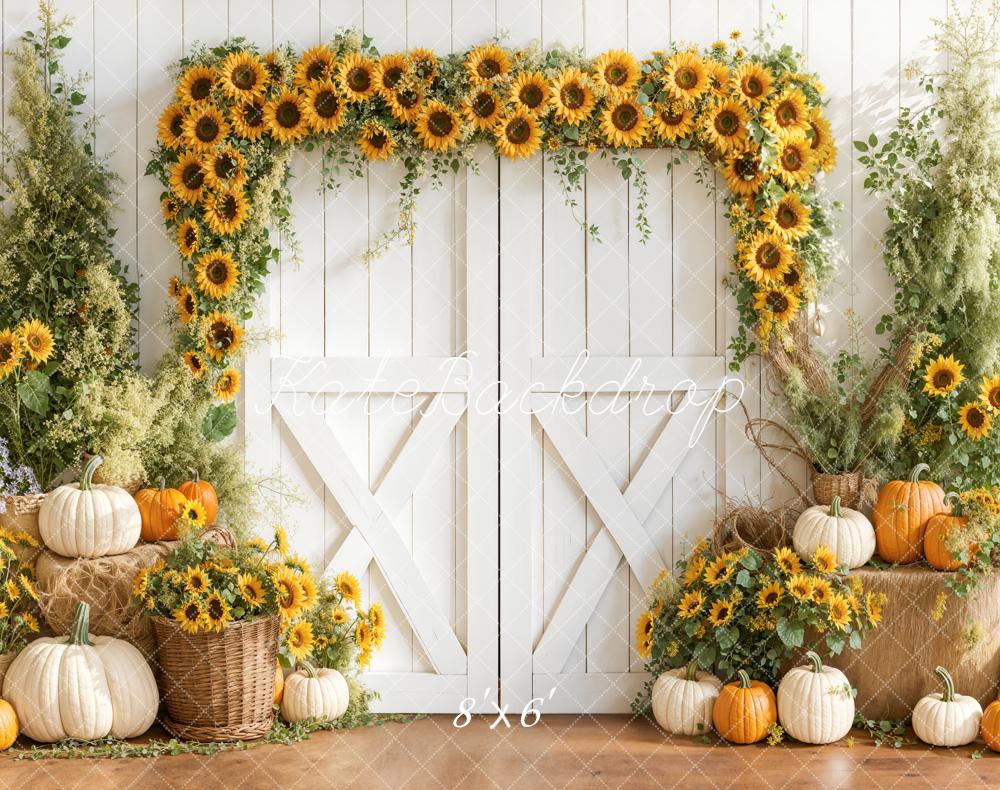 Kate Sunflower Arch Pumpkins White Barn Fleece Backdrop Designed by Emetselch