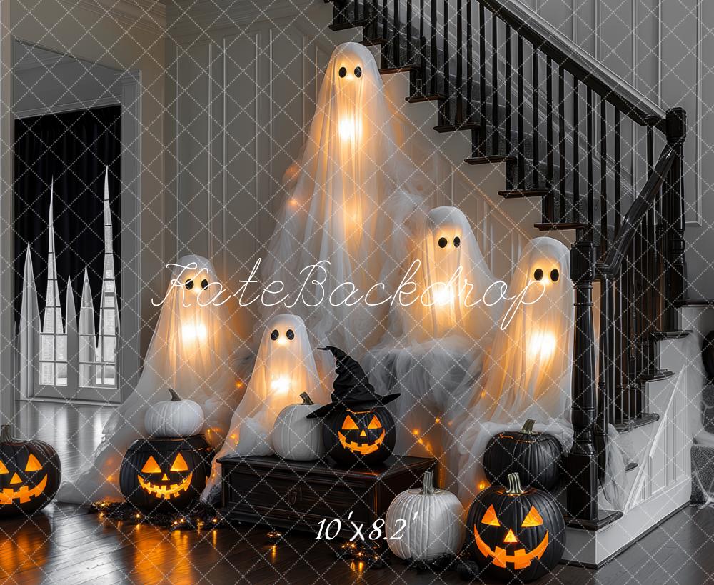 15% OFF Kate Halloween Ghosts Pumpkins Cobwebs Stairs Backdrop Designed by Mini MakeBelieve - Kate Backdrop AU