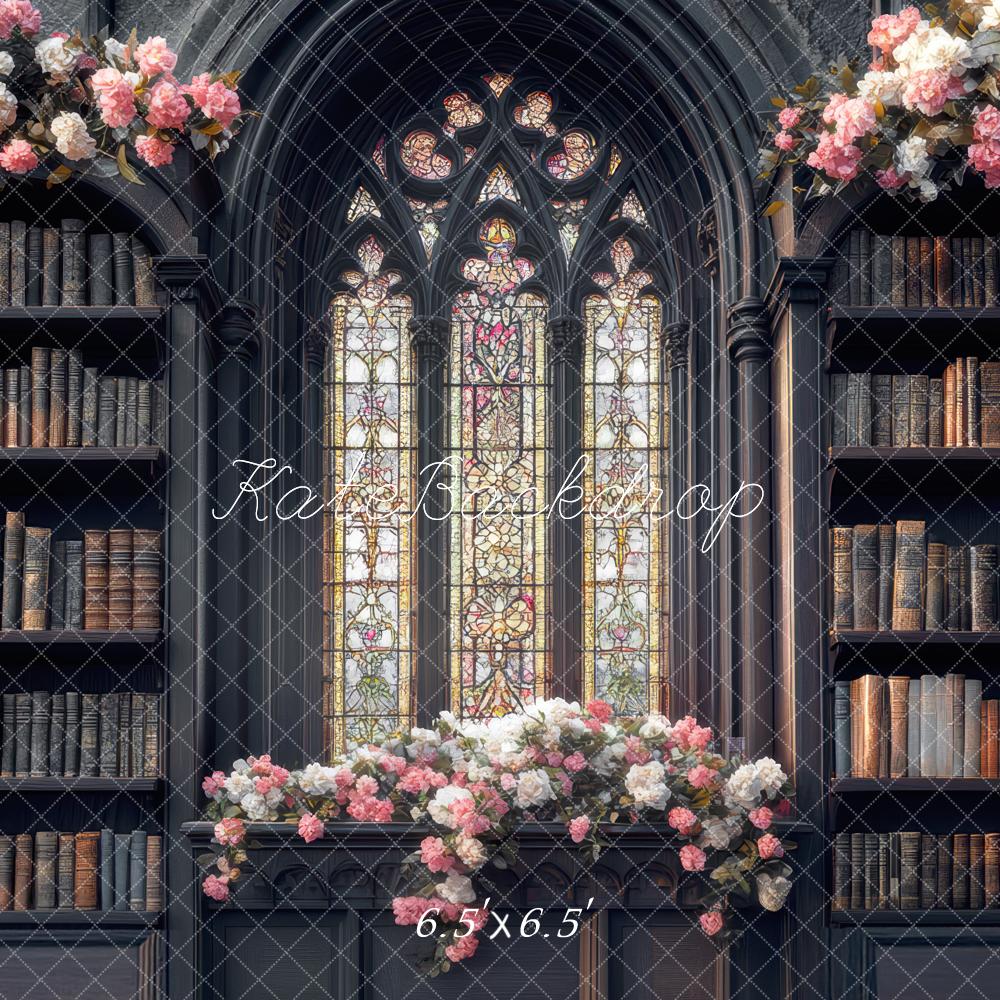 Kate Library Bookshelves Stained Glass Flowers Backdrop Designed by Mini MakeBelieve - Kate Backdrop AU