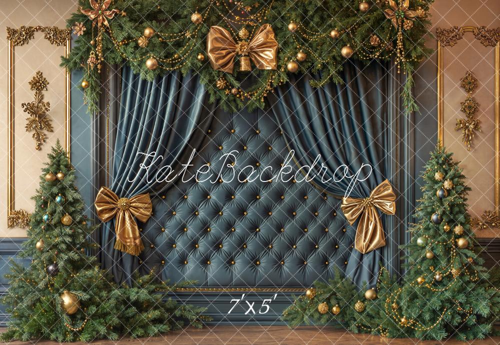 Kate Christmas Trees Bows Blue Wall Backdrop Designed by Emetselch