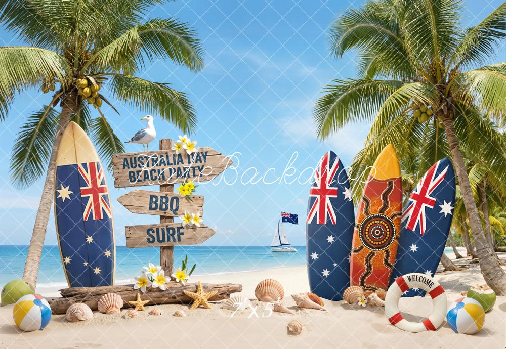 Kate Australia Day Surfboards Palm Trees Beach Backdrop Designed by Emetselch