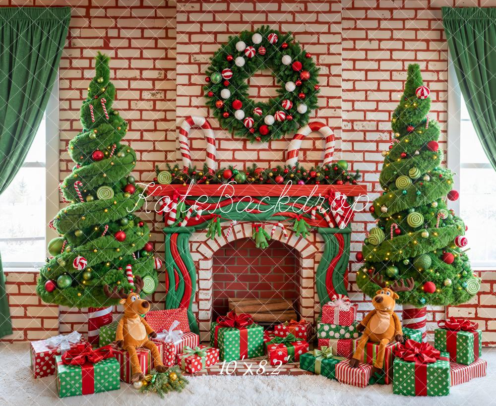 Kate Christmas Fireplace Candy Trees Fleece Backdrop Designed by Emetselch