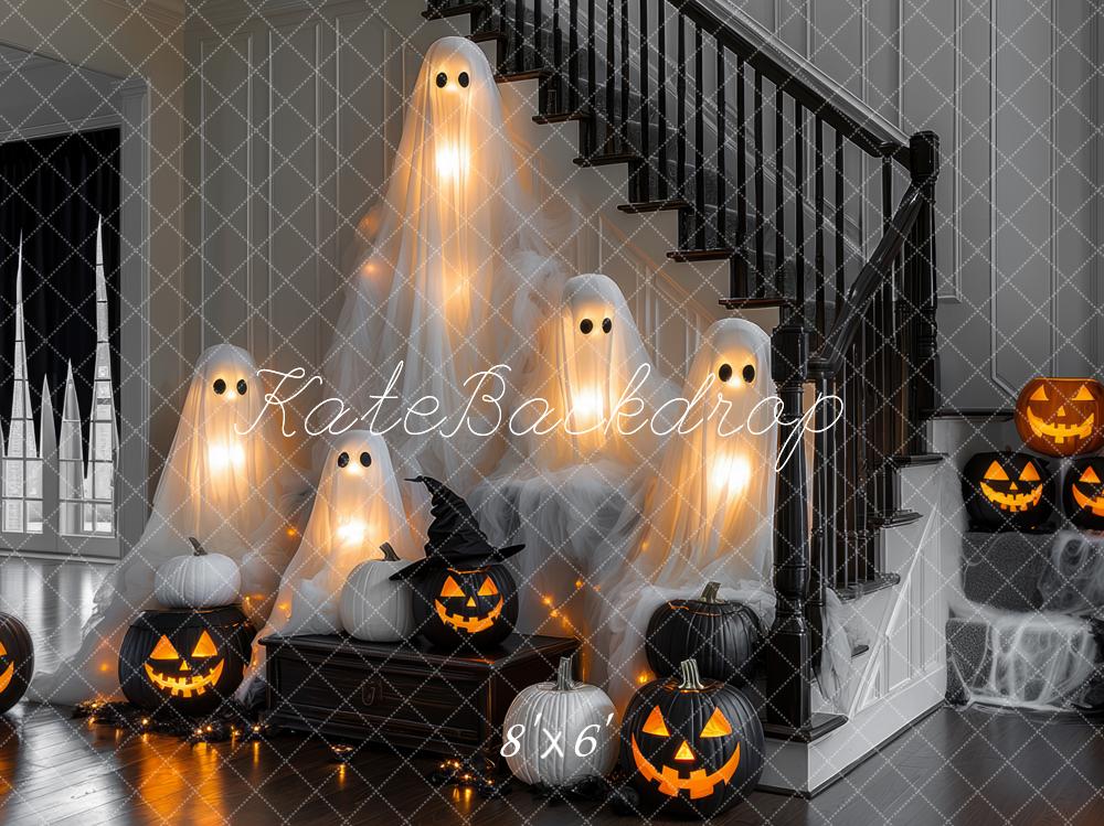 15% OFF Kate Halloween Ghosts Pumpkins Cobwebs Stairs Backdrop Designed by Mini MakeBelieve - Kate Backdrop AU
