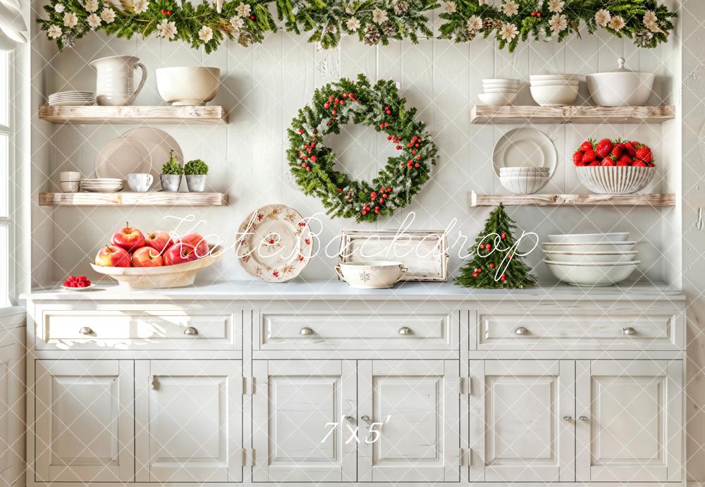 Kate Christmas Kitchen Wreath White Cabinet Backdrop Designed by Emetselch - Kate Backdrop AU