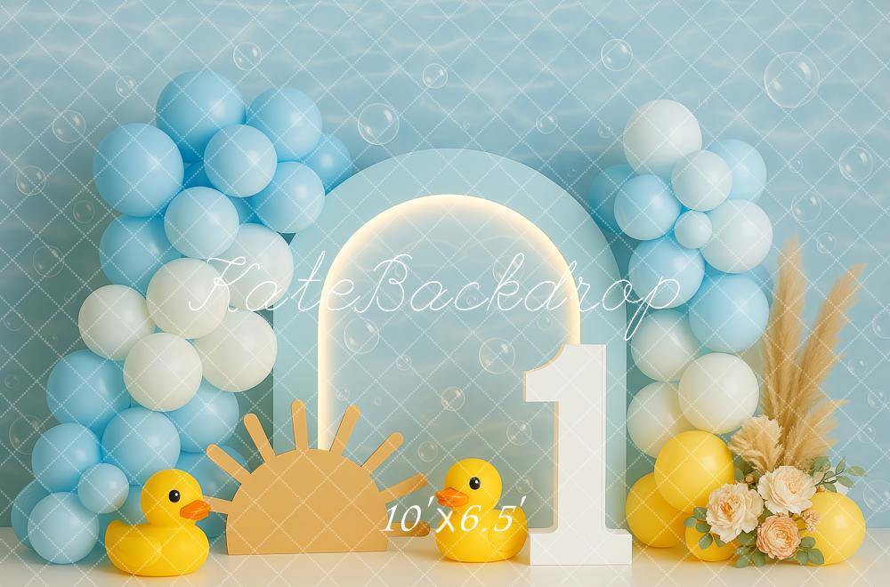 Kate 1st Birthday Blue Balloons Ducks Backdrop Designed by Patty Roberts - Kate Backdrop AU