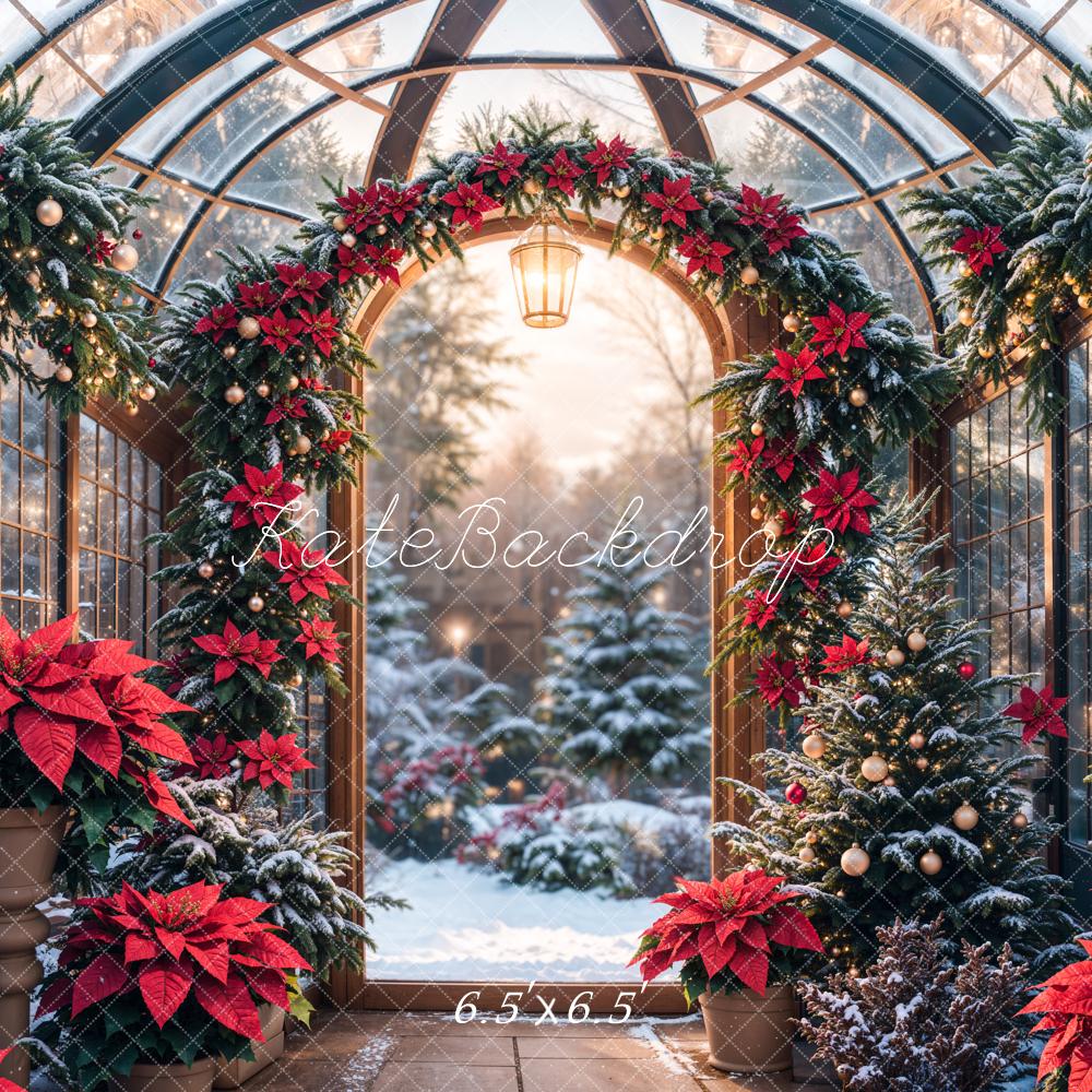 Kate Christmas Poinsettia Garland Snowy Trees Backdrop Designed by Emetselch - Kate Backdrop AU
