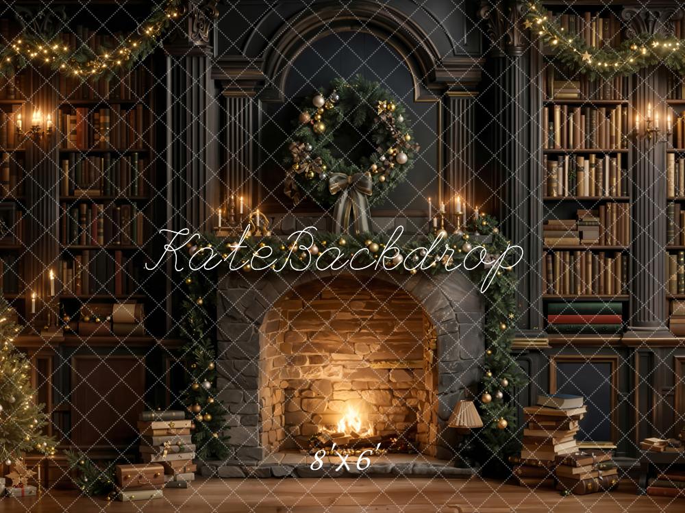 Kate Christmas Fireplace Bookshelves Fleece Backdrop Designed by Emetselch - Kate Backdrop AU