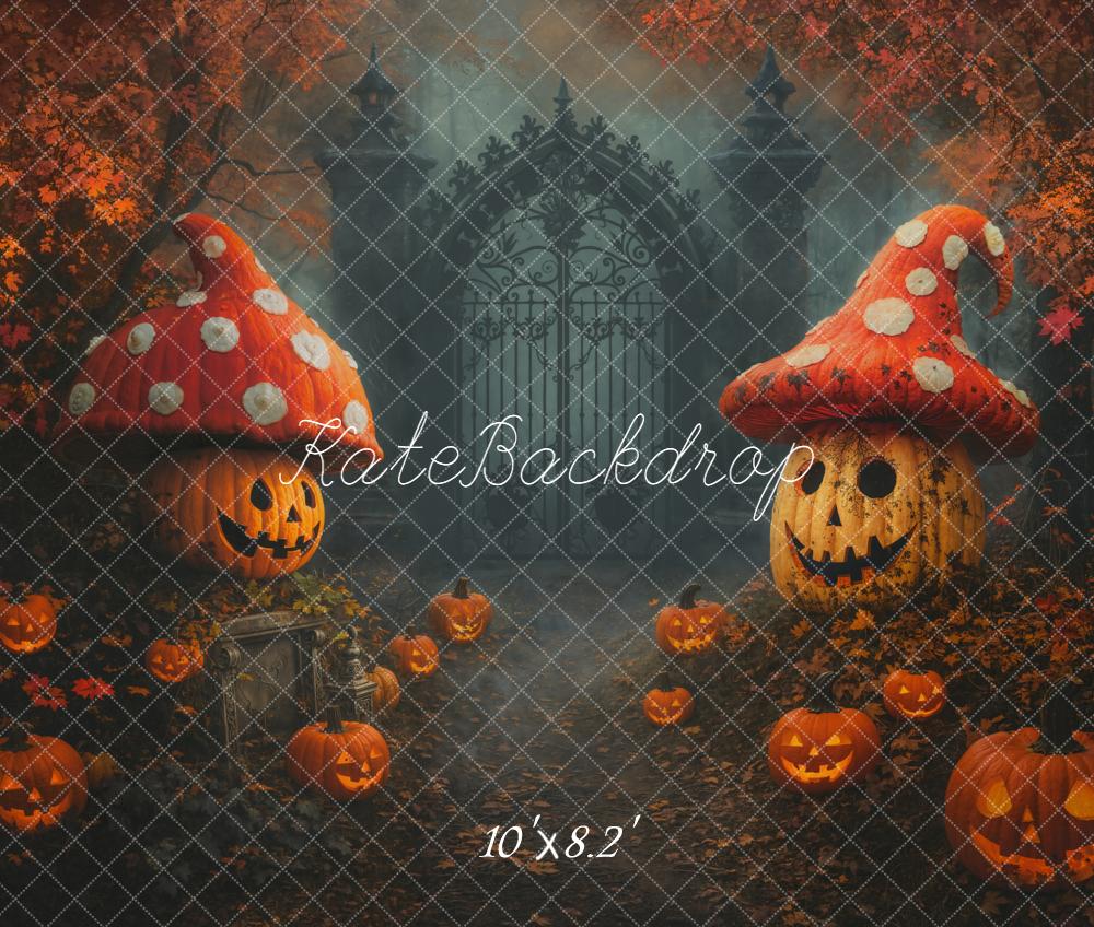 Kate Halloween Pumpkins Mushroom Gate Fleece Backdrop Designed by Chain