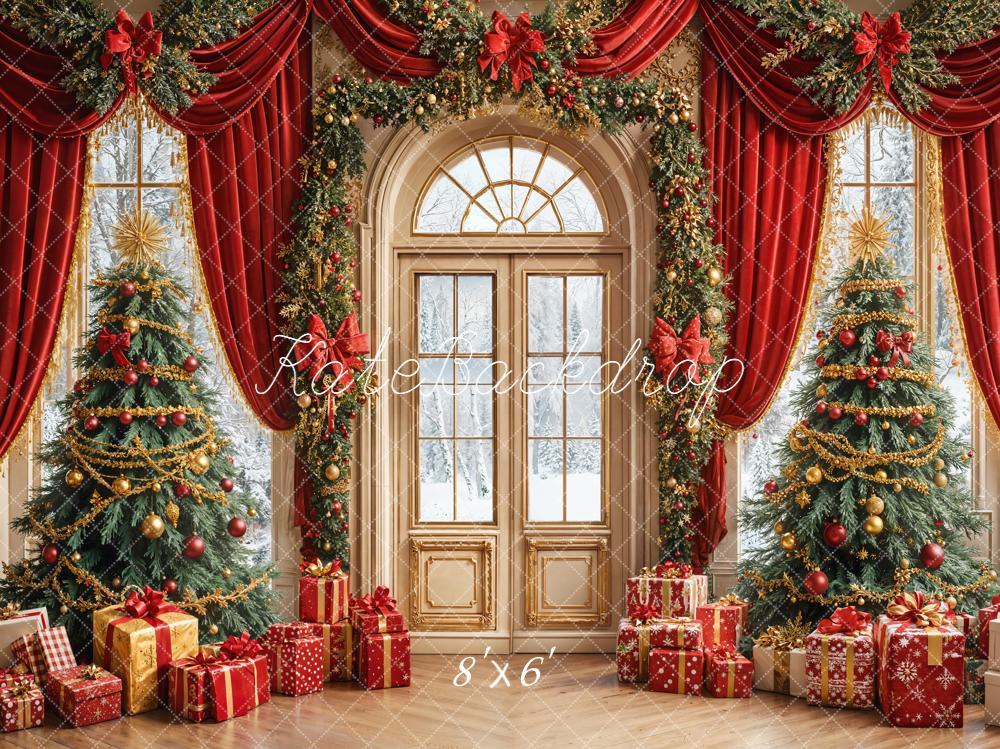 Kate Christmas Trees Red Curtains Presents Backdrop Designed by Emetselch