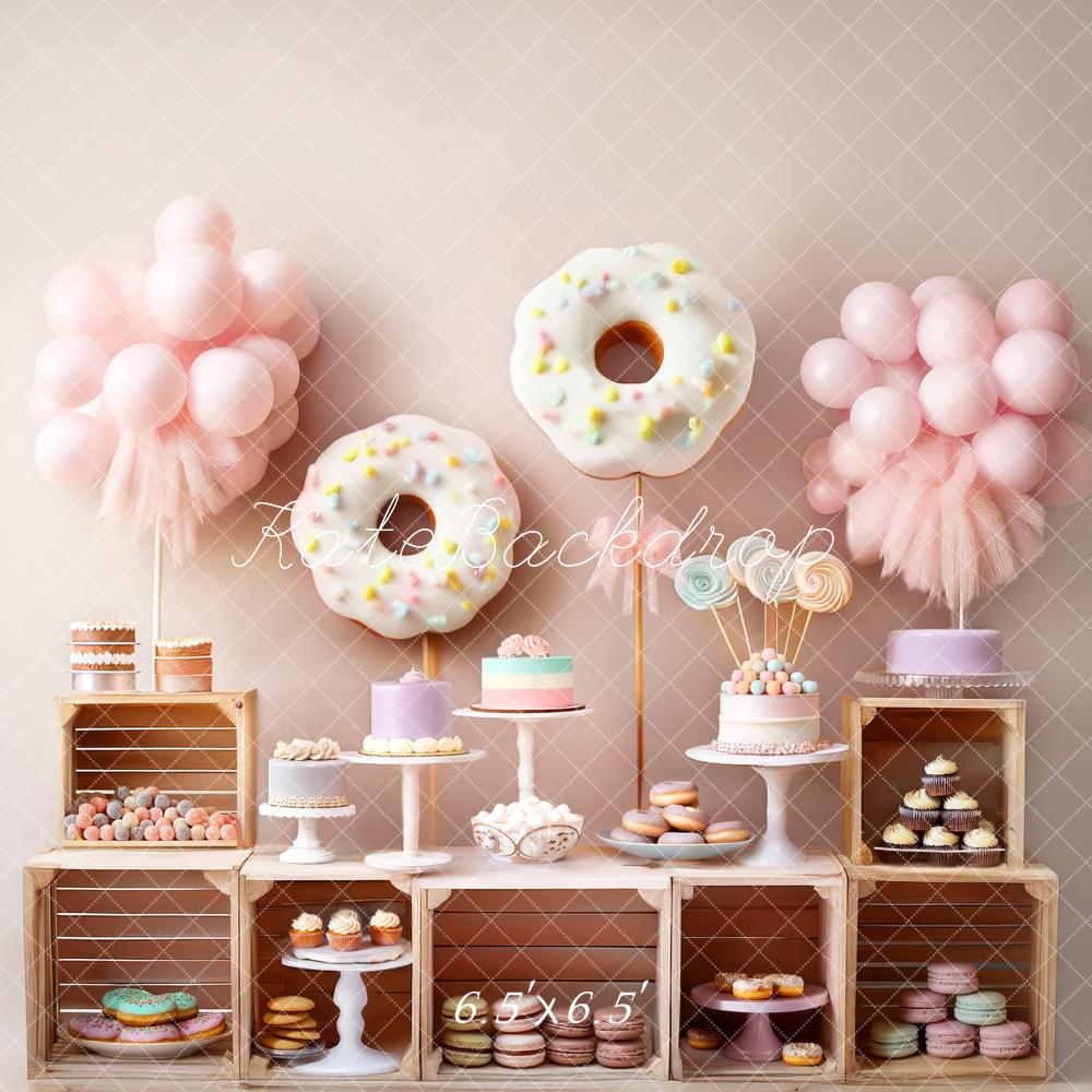 Kate Cake Smash Donuts Lollipops Balloons Pastel Backdrop Designed by Mandy Ringe