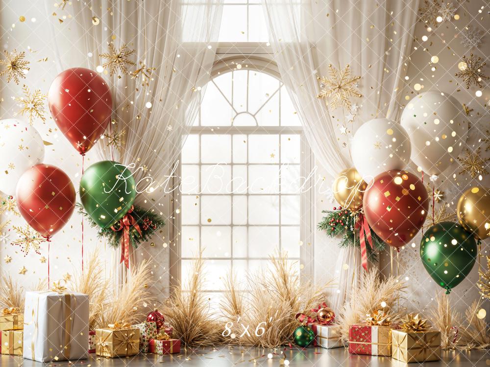 Kate Christmas Balloons Window Gifts Fleece Backdrop Designed by Emetselch - Kate Backdrop AU