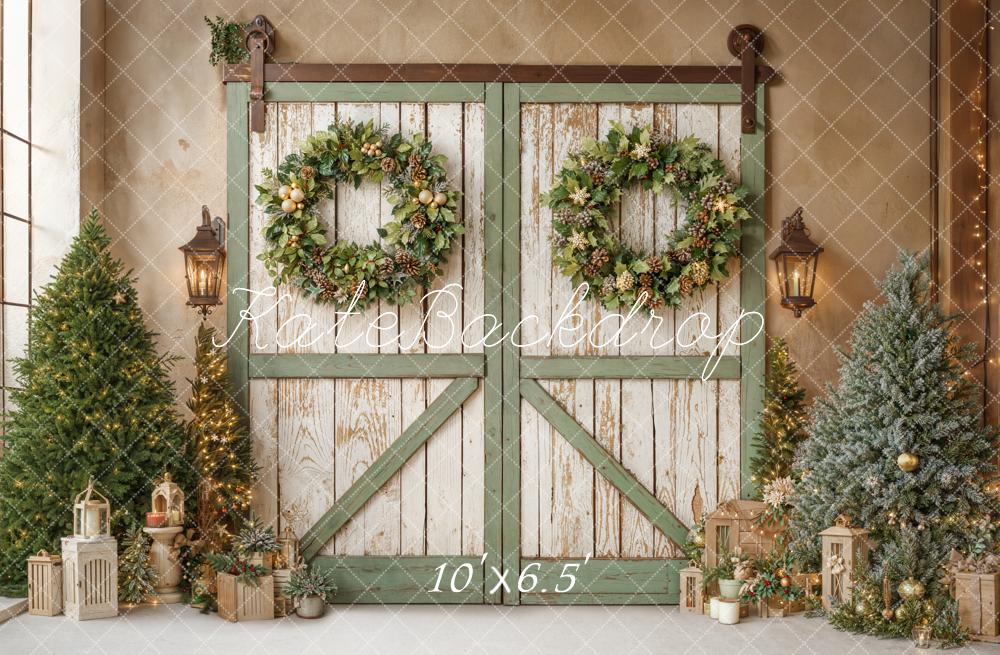 Kate Christmas Barn Door Trees Fleece Backdrop Designed by Emetselch