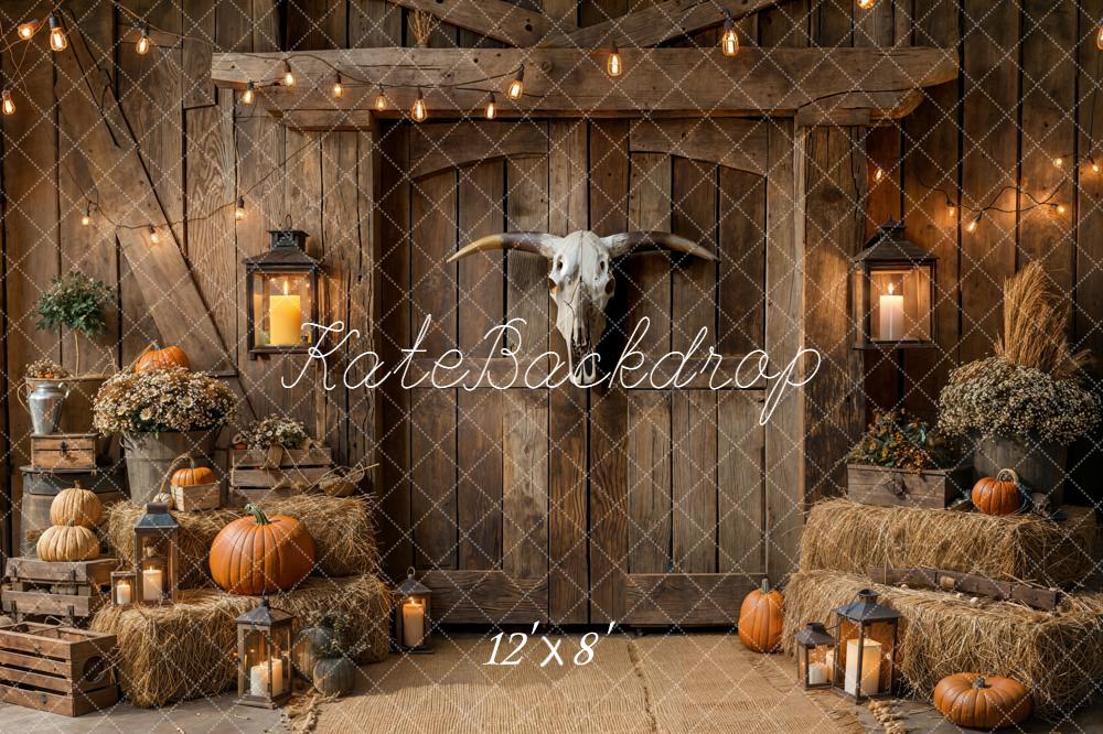 Kate Autumn Barn Wood Pumpkins Hay Fleece Backdrop Designed by Emetselch - Kate Backdrop AU
