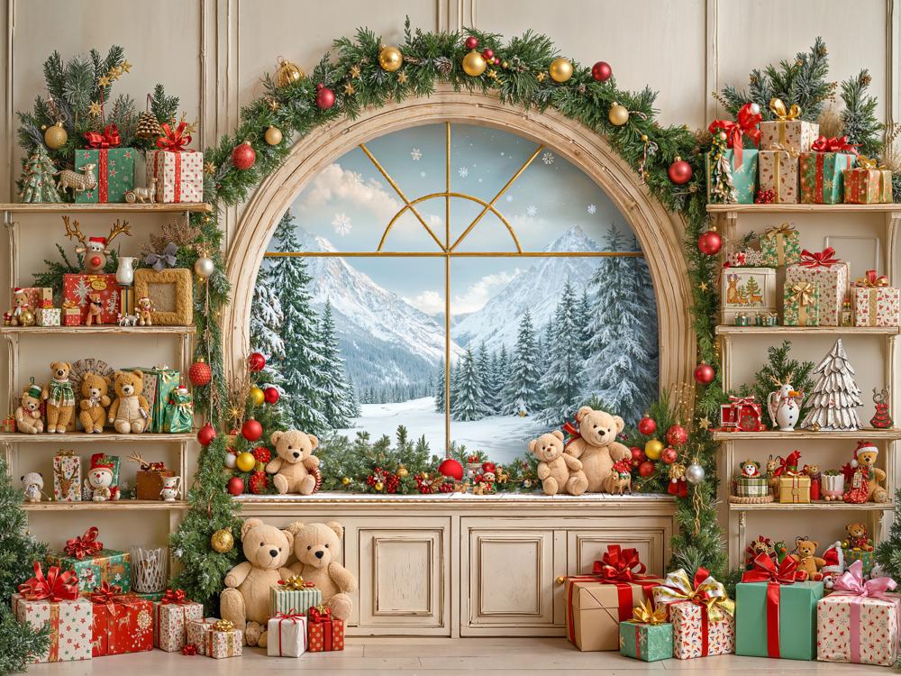 Kate Christmas Window Teddy Bears Gifts Backdrop Designed by GQ - Kate Backdrop AU