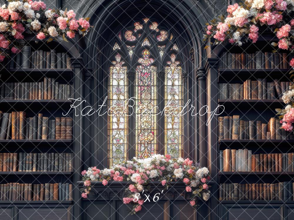 Kate Library Bookshelves Stained Glass Flowers Backdrop Designed by Mini MakeBelieve - Kate Backdrop AU