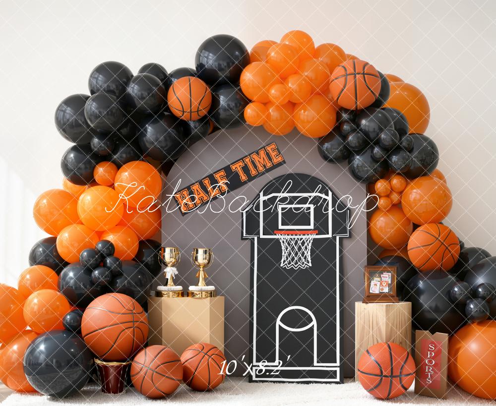 Kate Basketball Hoop Trophy Orange Black Balloons Backdrop Designed by Emetselch