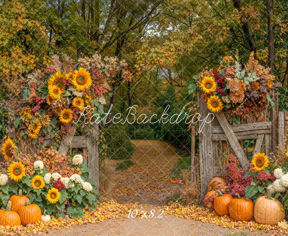 Kate Autumn Sunflowers Pumpkins Rustic Fence Backdrop Designed by Emetselch