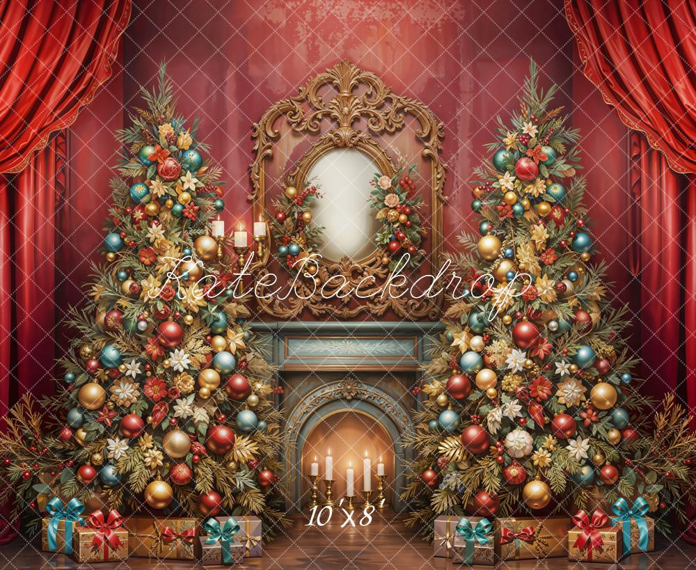 Kate Christmas Tree Fireplace Red Curtains Fleece Backdrop Designed by Emetselch - Kate Backdrop AU