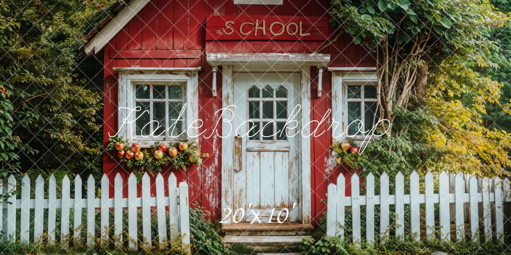 Kate Back to School Red Cottage Apples Fence Backdrop Designed by Emetselch - Kate Backdrop AU