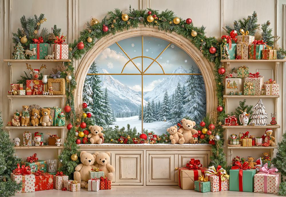 Kate Christmas Window Teddy Bears Gifts Backdrop Designed by GQ - Kate Backdrop AU