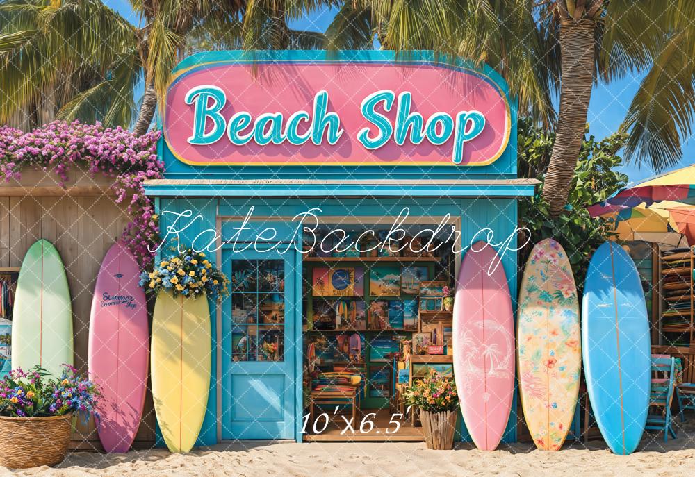 Kate Beach Shop Surfboards Palm Trees Backdrop Designed by Emetselch