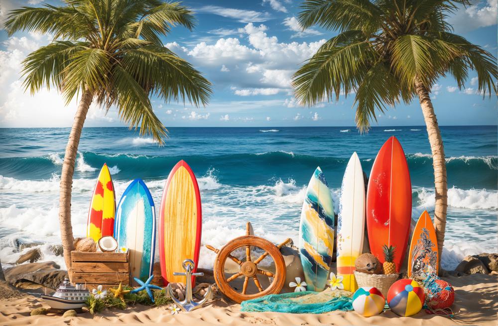 Kate Summer Beach Surfboards Palm Trees Backdrop Designed by Emetselch
