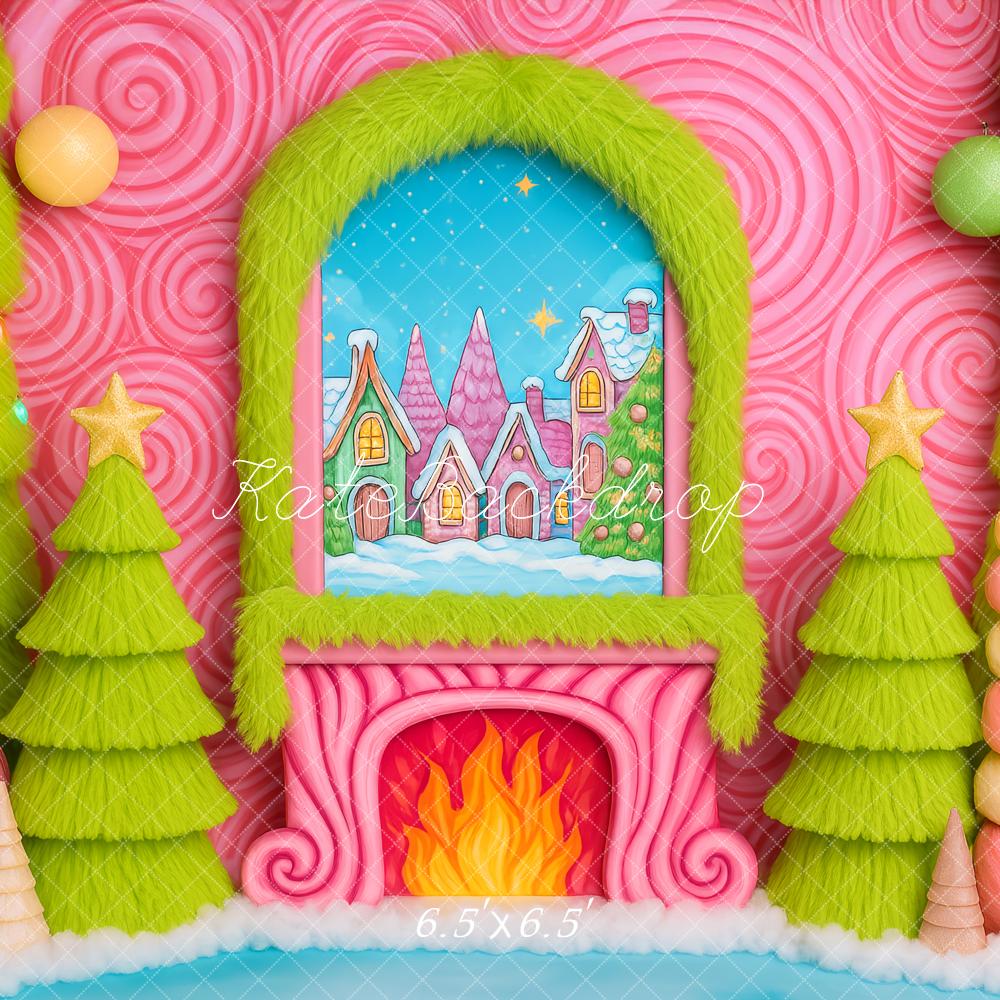 Kate Christmas Candy Fireplace Green Trees Backdrop Designed by Patty Roberts