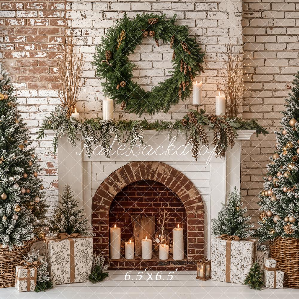 Kate Christmas Fireplace Trees Brick Backdrop Designed by Emetselch - Kate Backdrop AU
