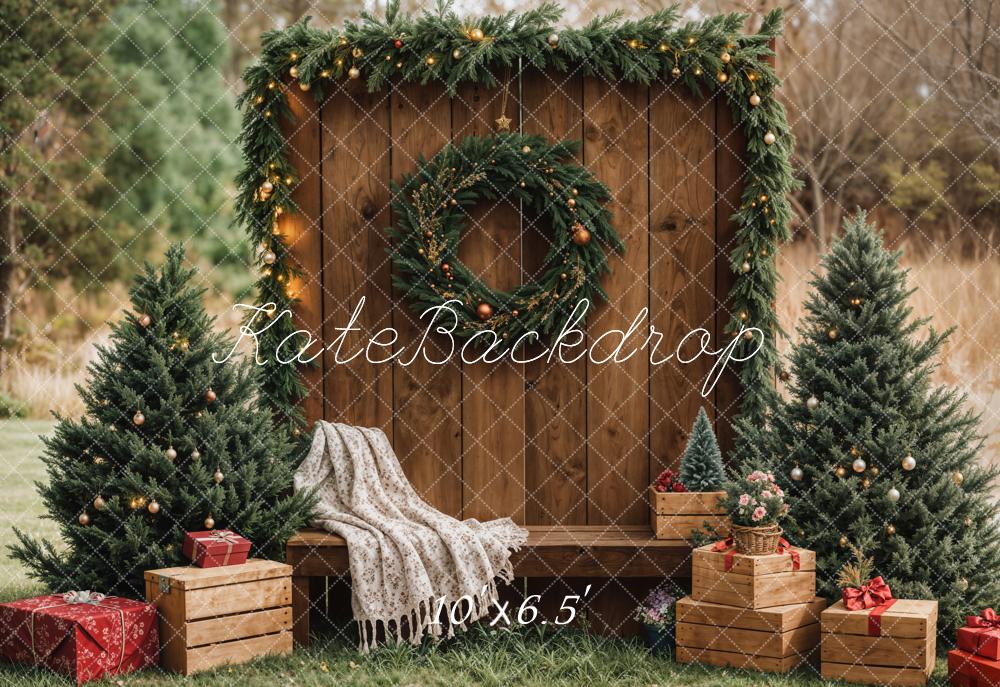 Kate Christmas Tree Garland Wooden Wall Fleece Backdrop Designed by Emetselch