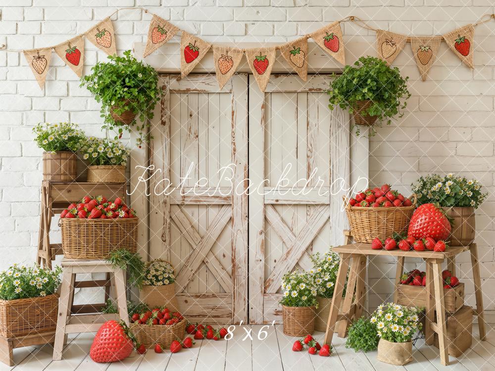 Kate Spring Strawberry Baskets Retro Doors Fleece Backdrop Designed by Emetselch