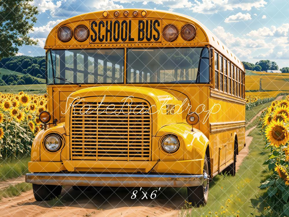 Kate Back to School Bus Sunflowers Fleece Backdrop Designed by Emetselch - Kate Backdrop AU