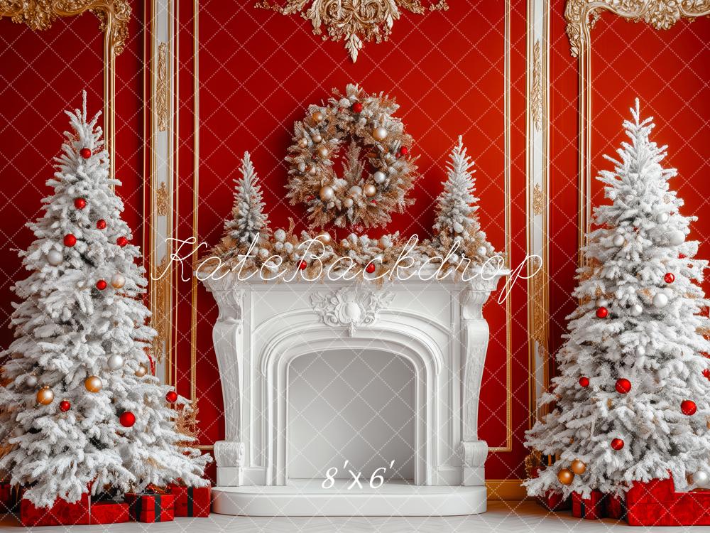 Kate Christmas White Trees Fireplace Backdrop Designed by Patty Roberts - Kate Backdrop AU
