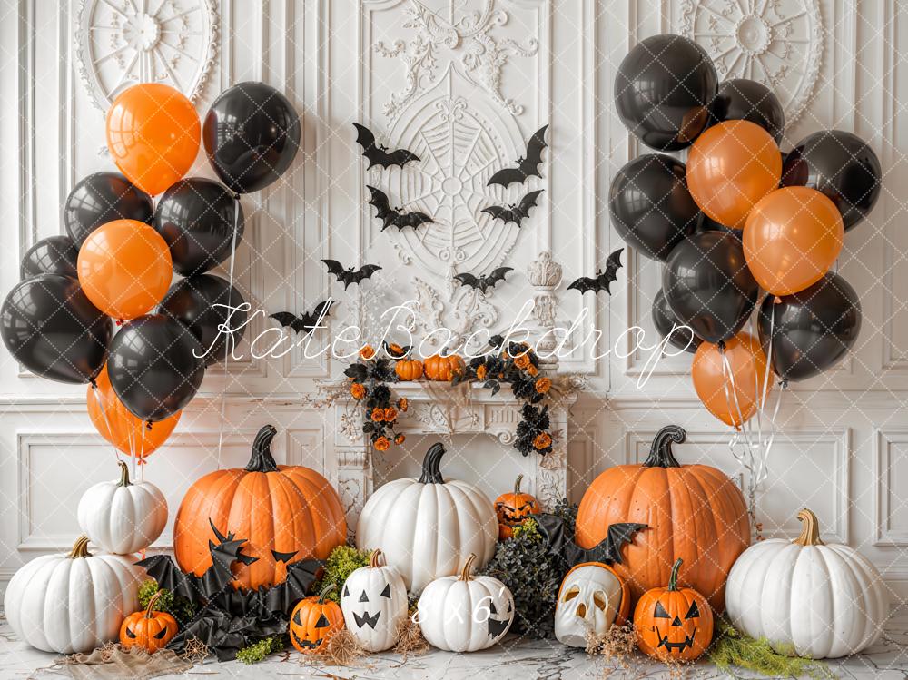 Kate Halloween Pumpkins Bats Balloons Fleece Backdrop Designed by Emetselch - Kate Backdrop AU