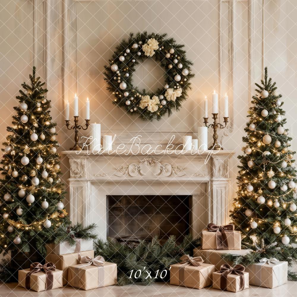 Kate Christmas Fireplace Trees Wreath Presents Backdrop Designed by Emetselch