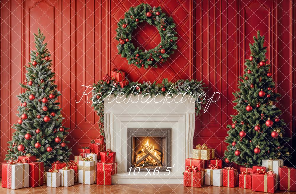 Kate Christmas Red Wall Fireplace Trees Gifts Backdrop Designed by Emetselch