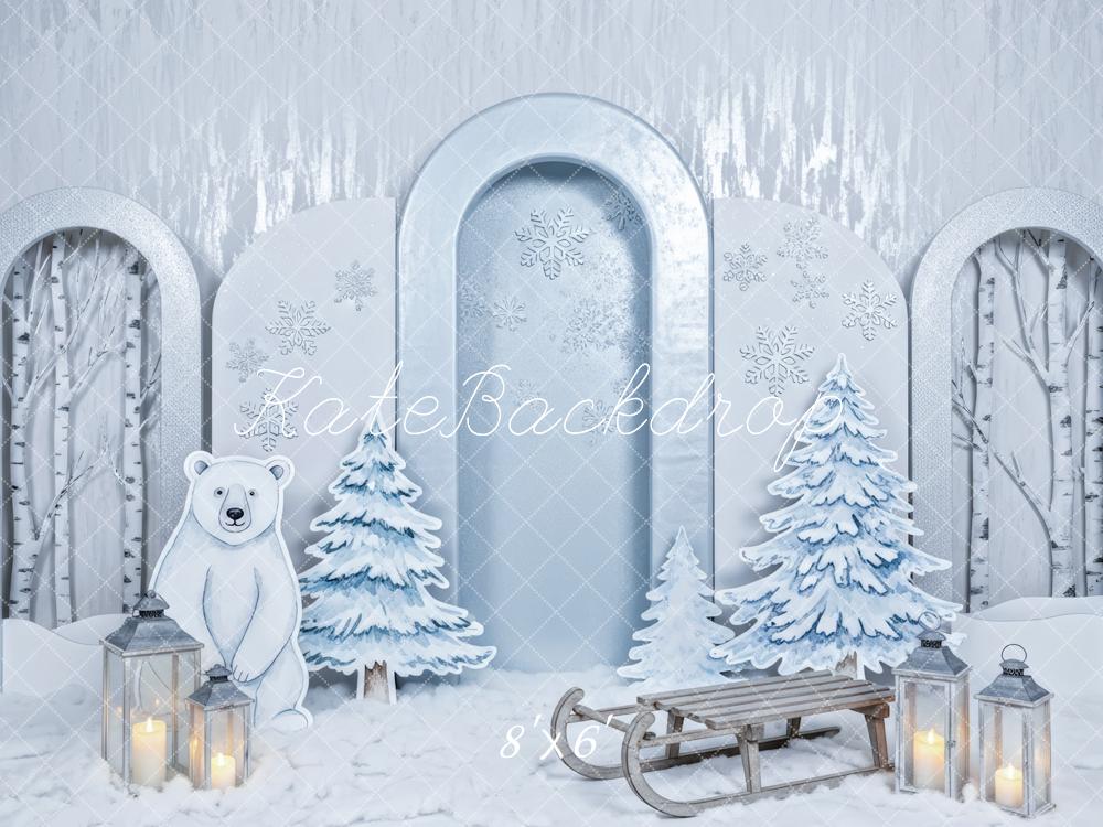 Kate Winter Polar Bear Sled Snowy Trees Backdrop Designed by Patty Roberts