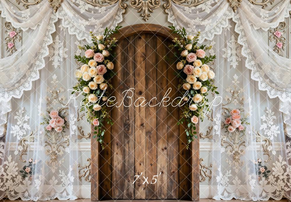 Kate Flower Arch Wooden Door Lace Drapes Backdrop Designed by Mini MakeBelieve