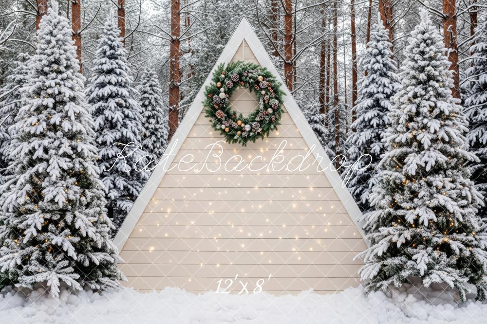 Kate Christmas Snow Forest Cabin Wreath Backdrop Designed by Patty Roberts
