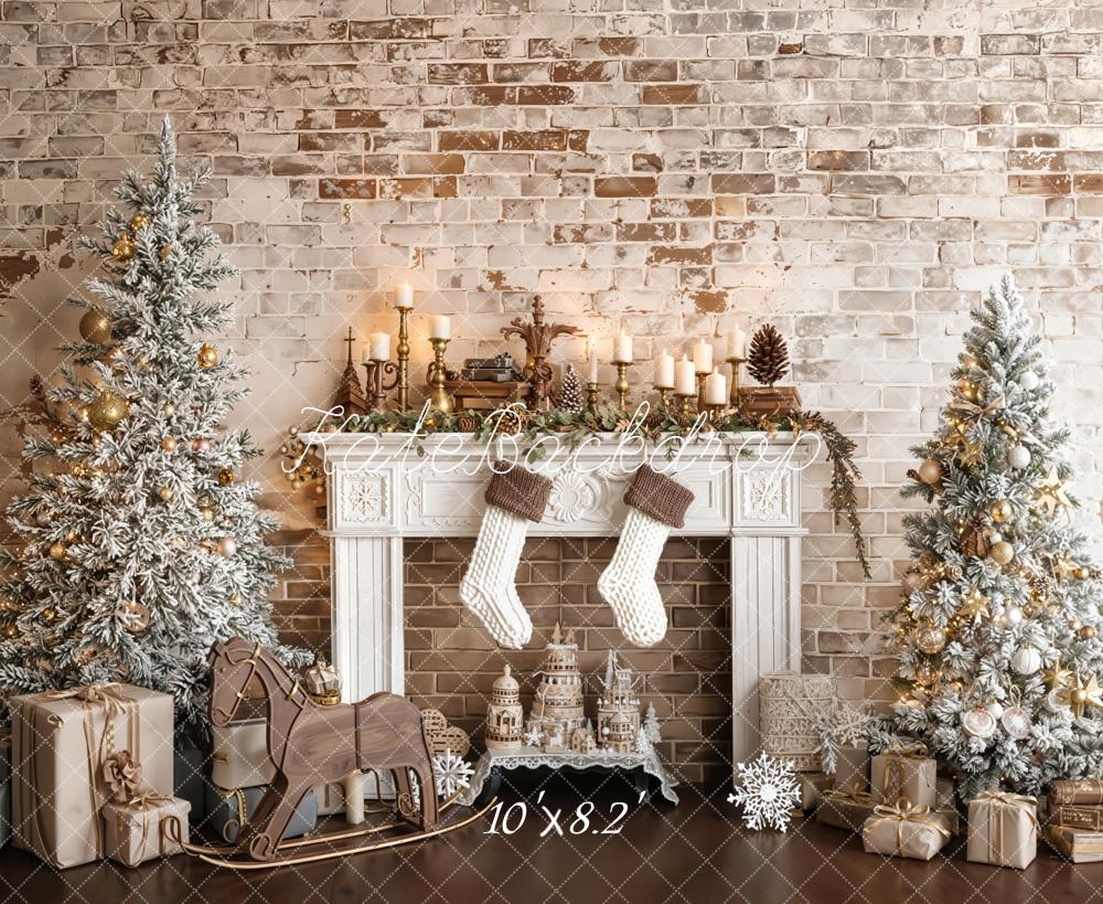 Kate Christmas Fireplace Brick Fleece Backdrop Designed by Emetselch