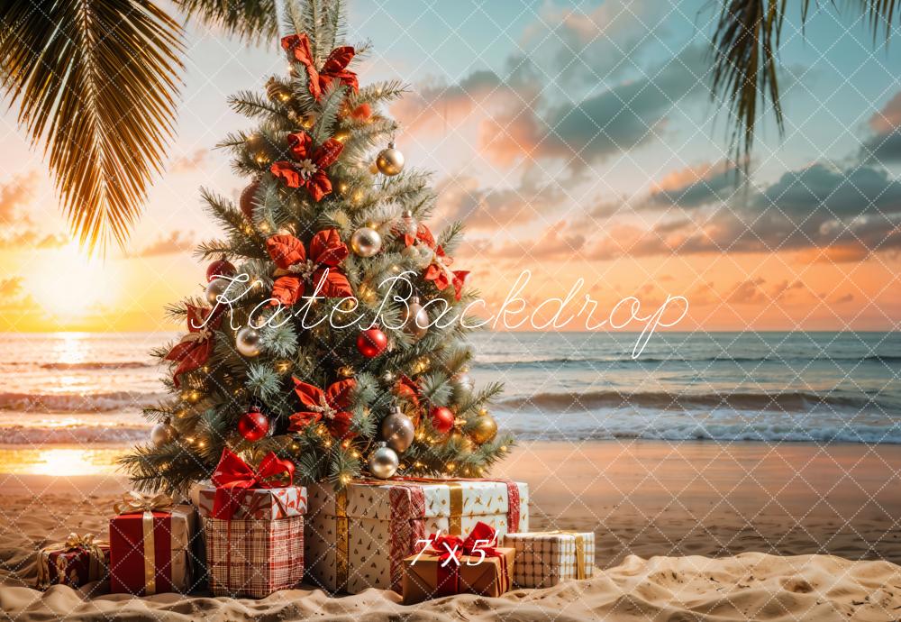Kate Christmas Tree Presents Beach Sunset Backdrop Designed by Emetselch