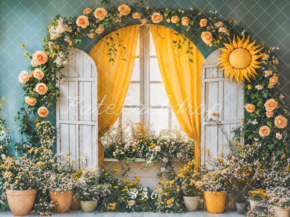 Kate Flower Arch Sun Window Yellow Curtains Backdrop Designed by Emetselch