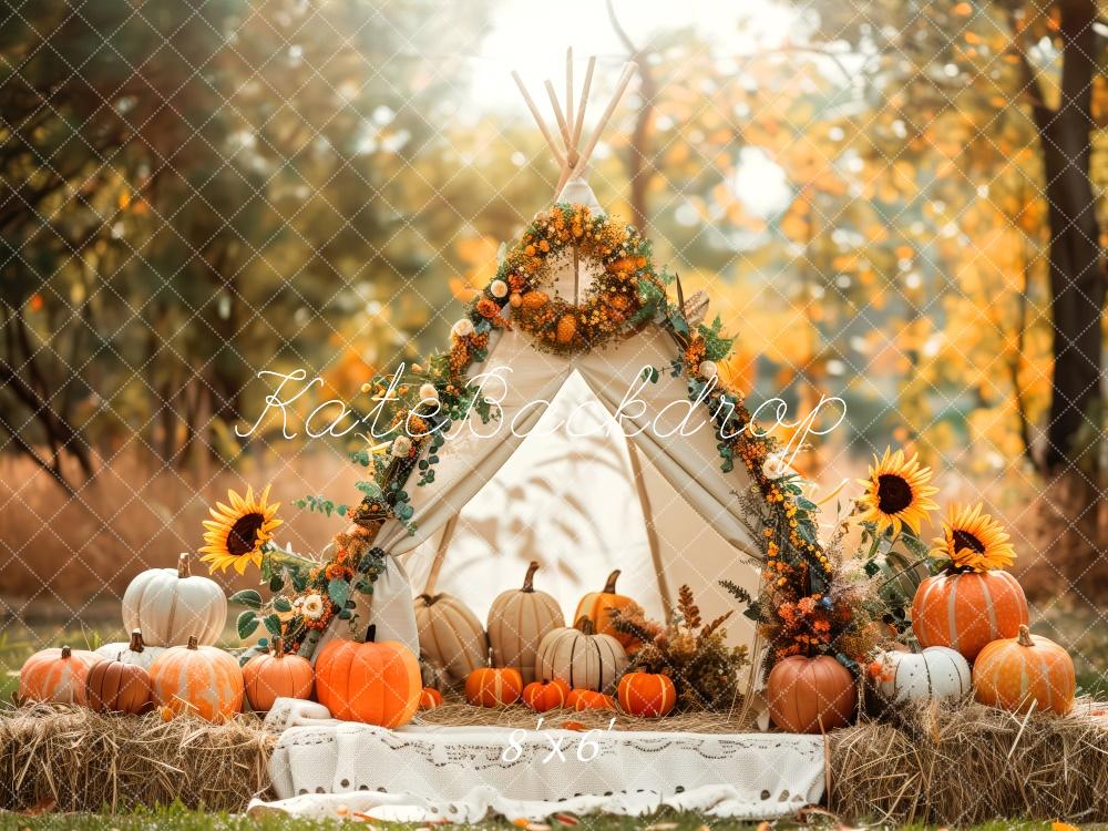 Kate Fall Teepee Pumpkins Sunflowers Backdrop Designed by Patty Roberts