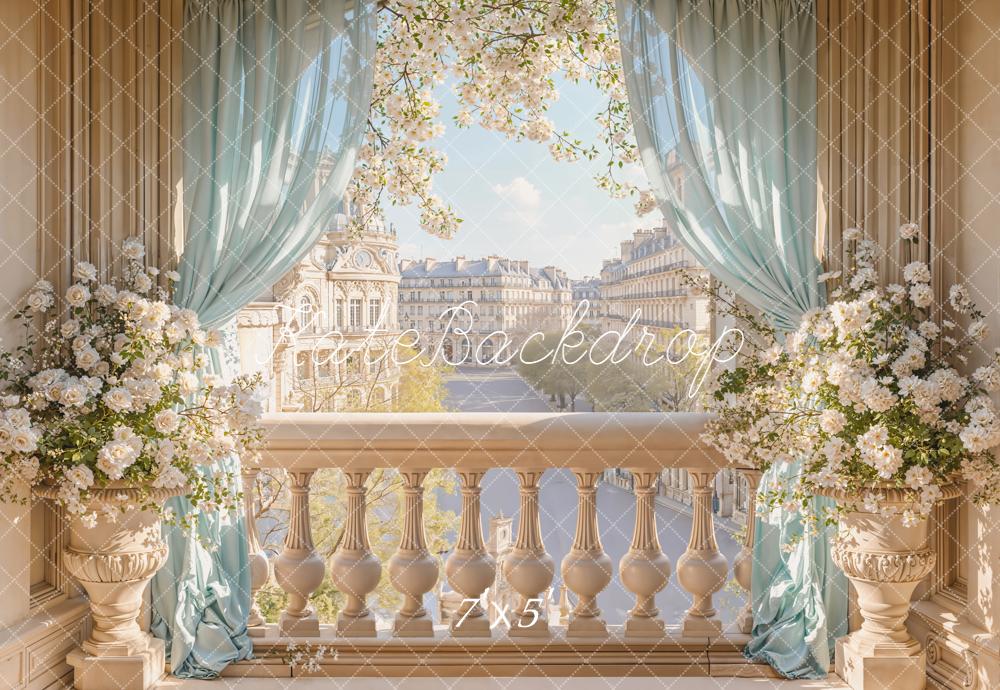 Kate Paris Balcony Blossom Flowers Blue Curtains Backdrop Designed by Emetselch