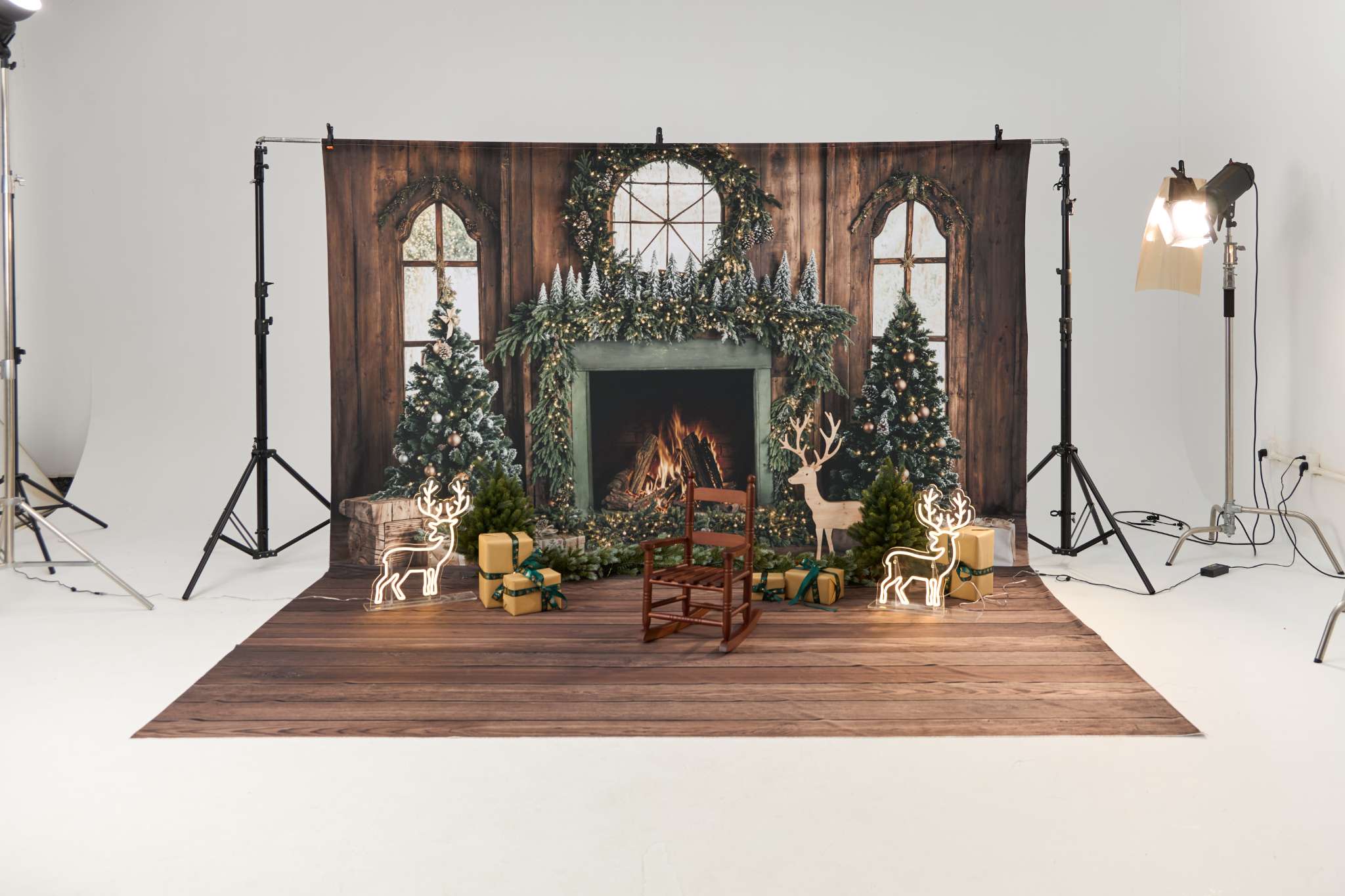Kate Christmas Tree Fireplace Deer Backdrop+Wood Floor Backdrop - Kate Backdrop AU
