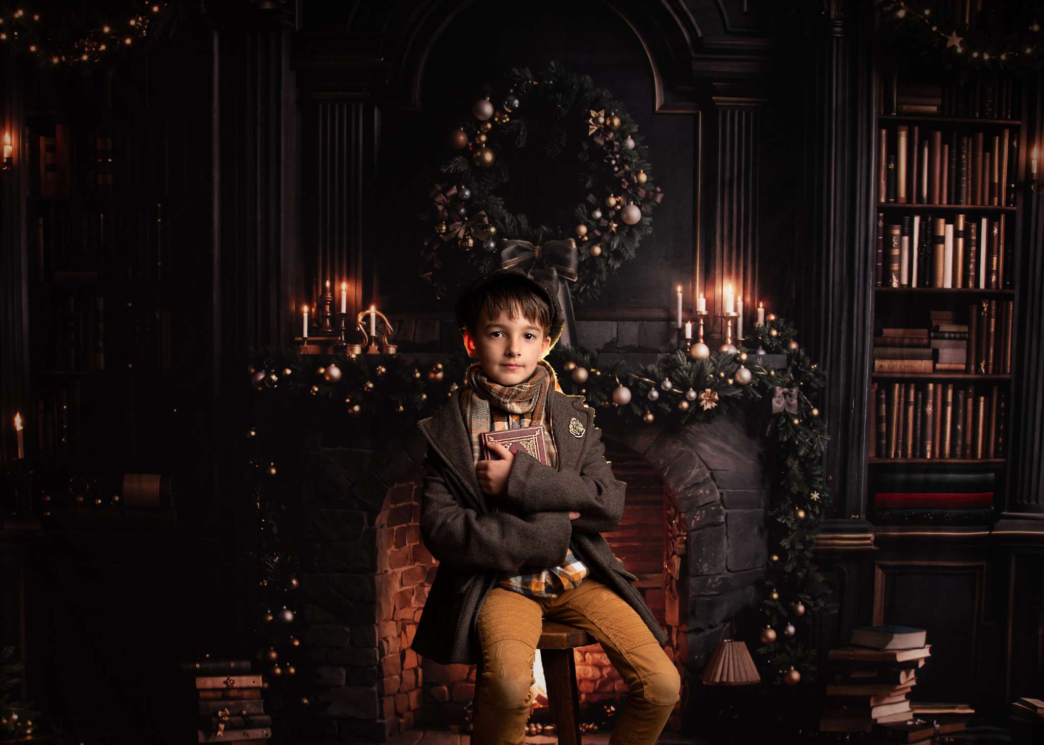 Kate Christmas Fireplace Bookshelves Backdrop Designed by Emetselch